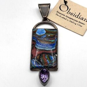 Obsidian Sterling Pendant Rainbow Calsilica Amethyst 925 Silver 3.25"